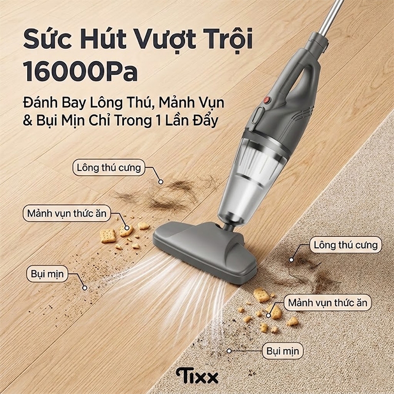 Tixx Máy hút bụi cầm tay 500W lực hút 16000Pa bộ lọc 3 lớp sạch sâu