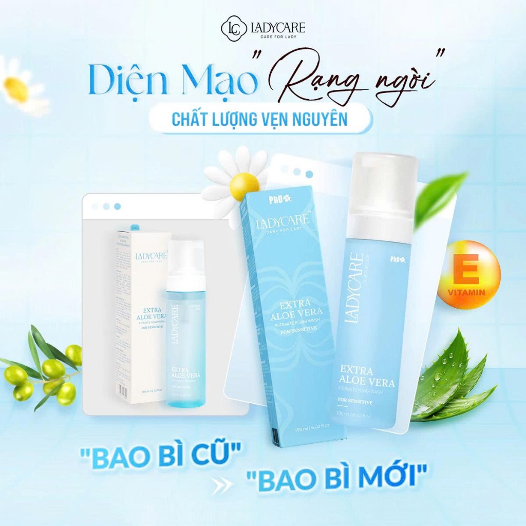 Combo 2 Dung Dịch Vệ Sinh Phụ Nữ Dạng Bọt Ladycare Extra Aloe Vera Da Nhạy Cảm, Duy Trì pH 190ml