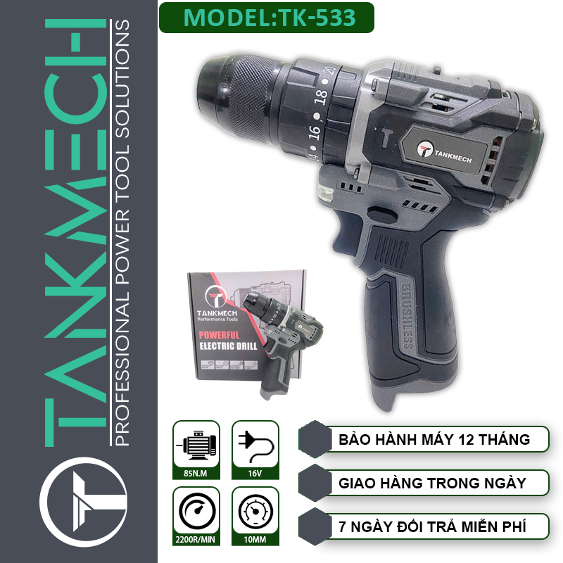 Máy Khoan Pin TANKMECH TK-533 (16V 85Nm) Không Chổi Than Brushless, 3 Chức Năng Khoan Tường Vít Mạnh Chính Hãng