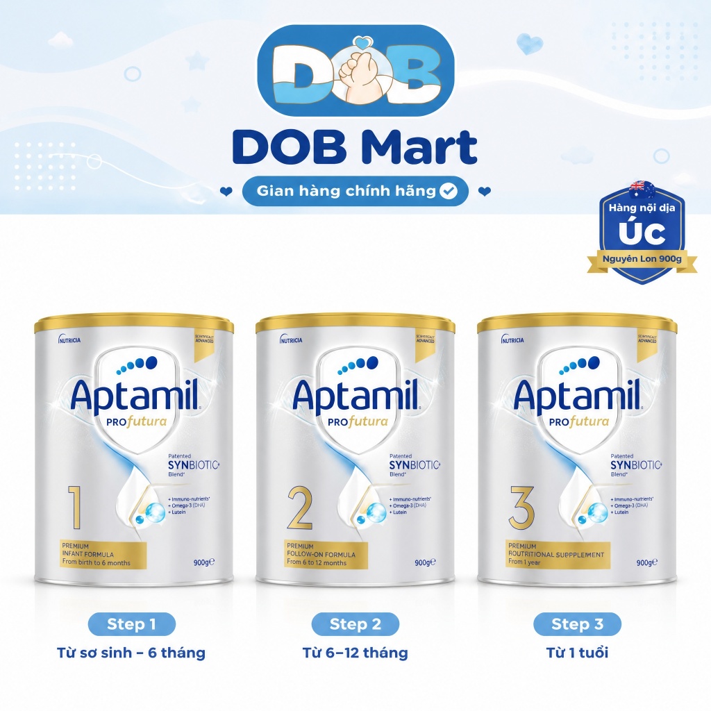 Sữa Aptamil Profutura Úc đủ số 1,2,3 tiêu hoá khoẻ mạnh phát triển toàn diện cho bé lon 900g DOB