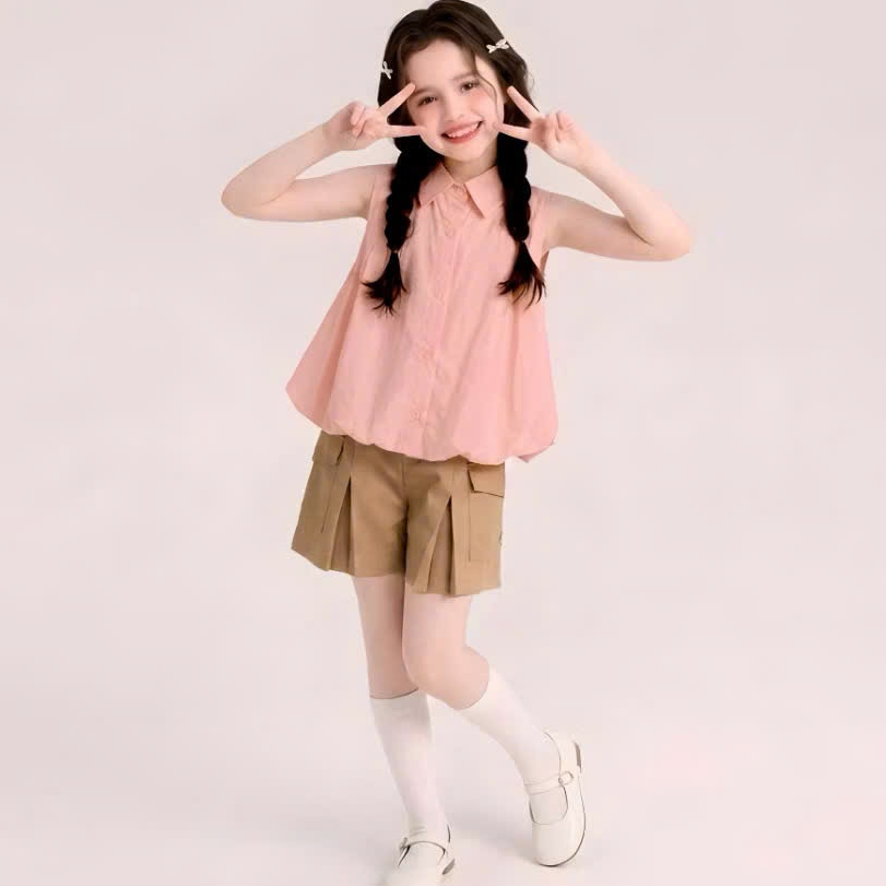 Áo Kiểu Bé Gái Dáng Bí Xòe Nhẹ Áo Sơ Mi Bé Gái Không Tay Phong Cách Hàn Quốc Cho mẹ và Bé gái 13-55kg