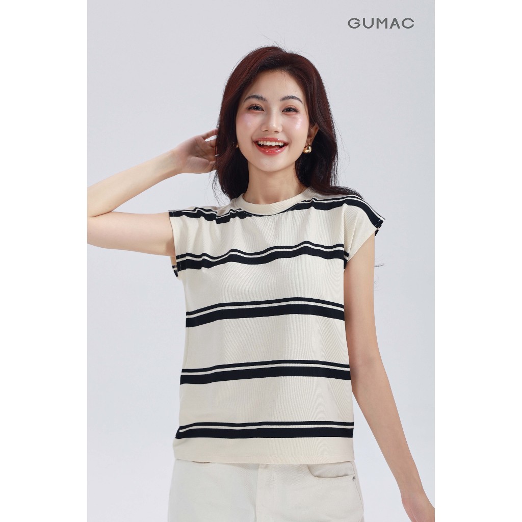 Áo Thun Tanktop Nữ GUMAC Form Suông Cổ Tròn Phối Sọc Tay Cánh Dơi Trẻ Trung LATG0409