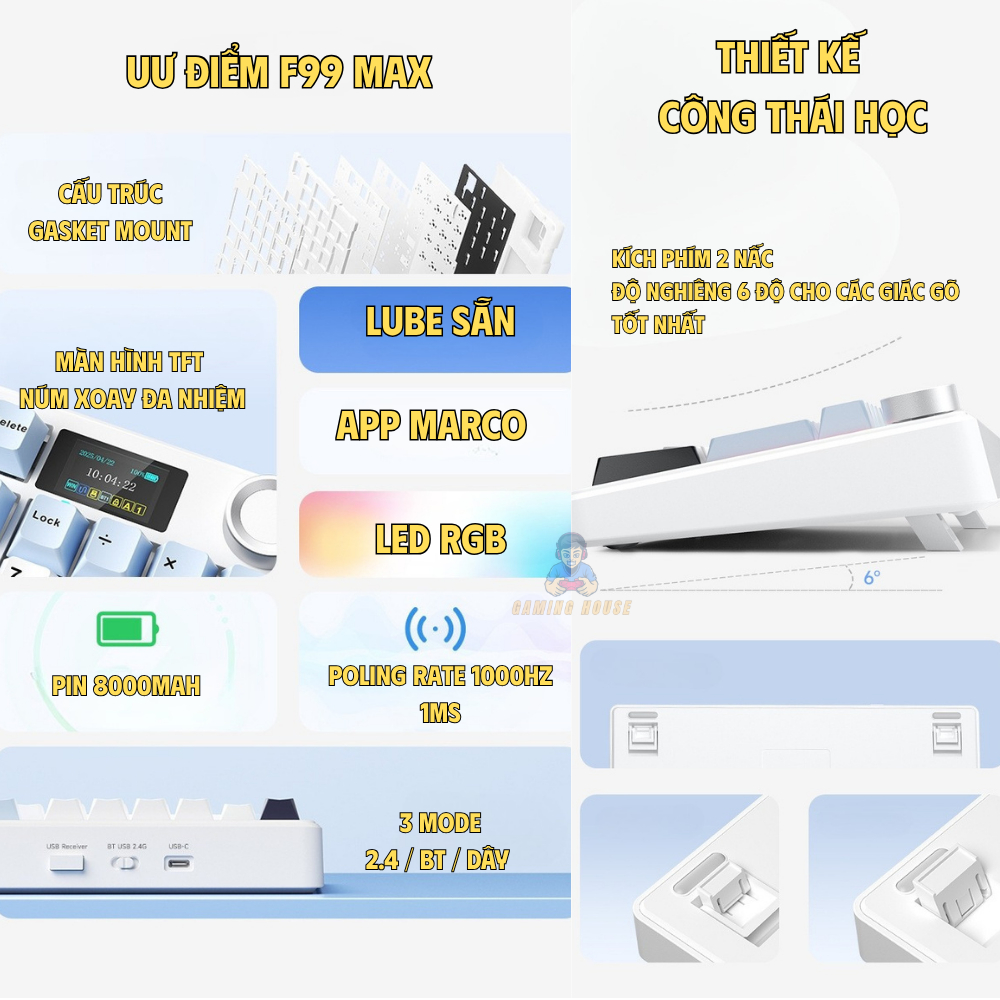 Bàn phím cơ không dây Aula F99 max - 3 mode kết nối - màn hình TFT - Pin 8000mah - Gasket mount | BigBuy360 - bigbuy360.vn