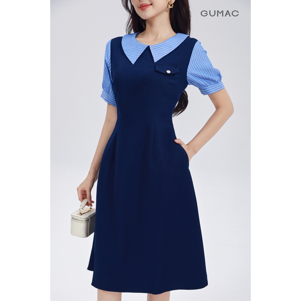 Đầm Chữ A Nữ GUMAC Váy Công Sở Phối Cổ Sọc Thiết Kế Thanh Lịch Chất Tuyết Mưa Có Túi LDF0904