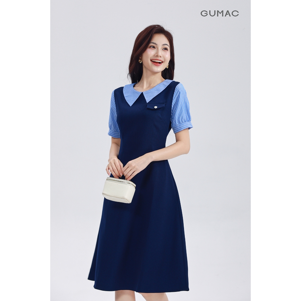 Đầm Chữ A Nữ GUMAC Váy Công Sở Phối Cổ Sọc Thiết Kế Thanh Lịch Chất Tuyết Mưa Có Túi LDF0904