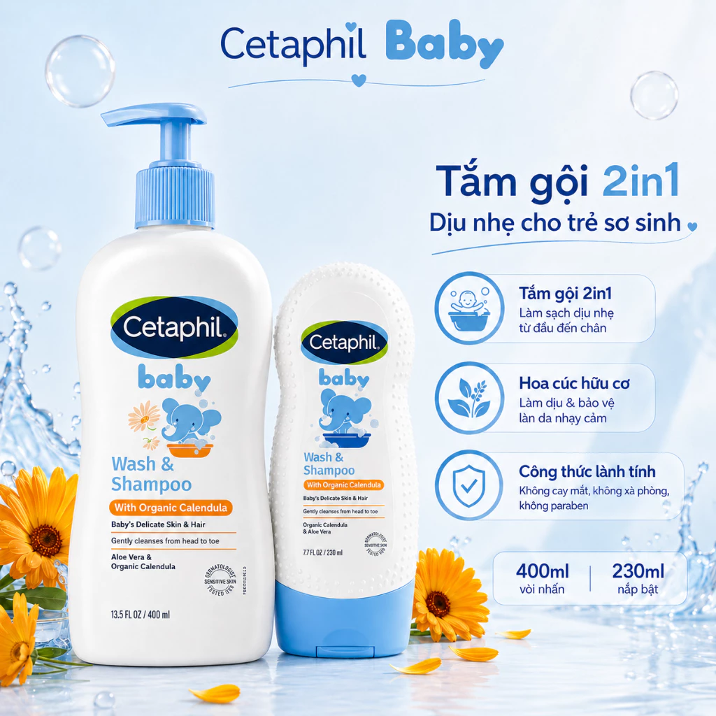 Sữa tắm gội Cetaphil Baby Calendula 400ml và 230ml