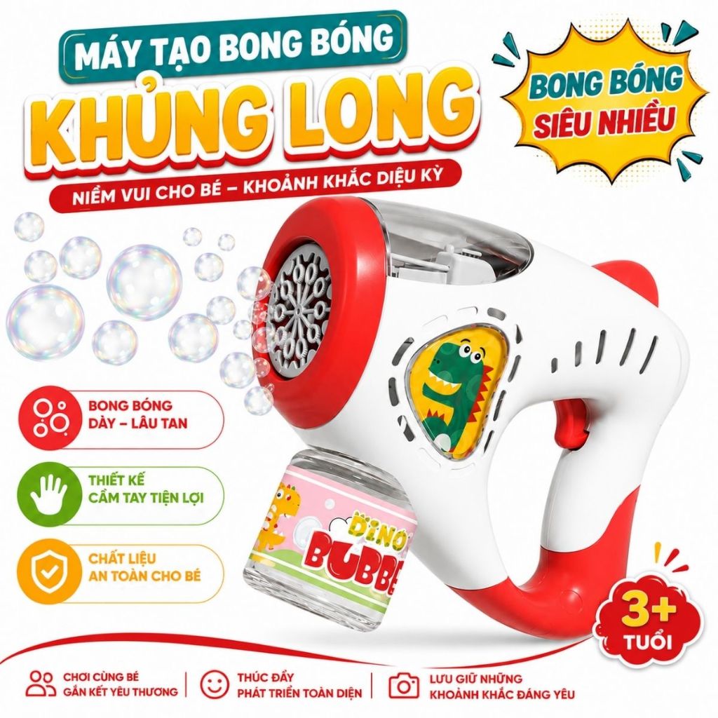 Súng thổi ra nhiều bong bóng xà phòng mẫu kì lân ngộ nghĩnh cho bé kèm pin và nước