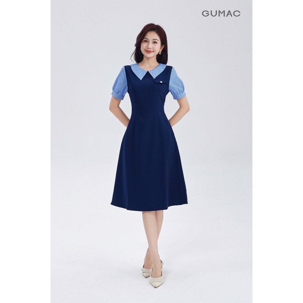 Đầm Nữ Dáng A Xòe GUMAC Phối Cổ Bẻ Sọc Xanh Tiểu Thư Thanh Lịch LDF0904