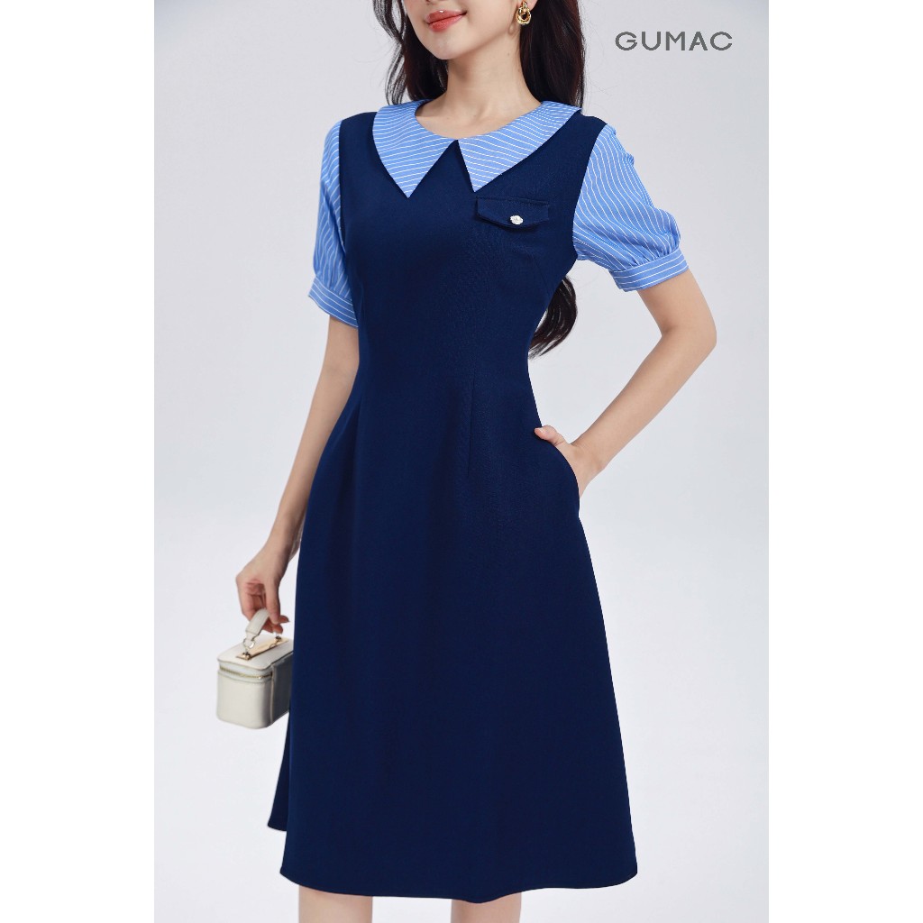 Đầm Nữ Dáng A Xòe GUMAC Phối Cổ Bẻ Sọc Xanh Tiểu Thư Thanh Lịch LDF0904