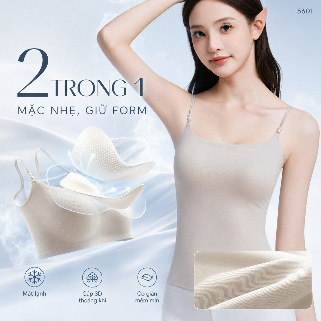 [SANTONY PIER N°5 x HƯƠNG GIANG] Áo hai dây  – Hương hoa sơn trà, mát lạnh HA, cotton siêu mỏng, kháng khuẩn - 5601