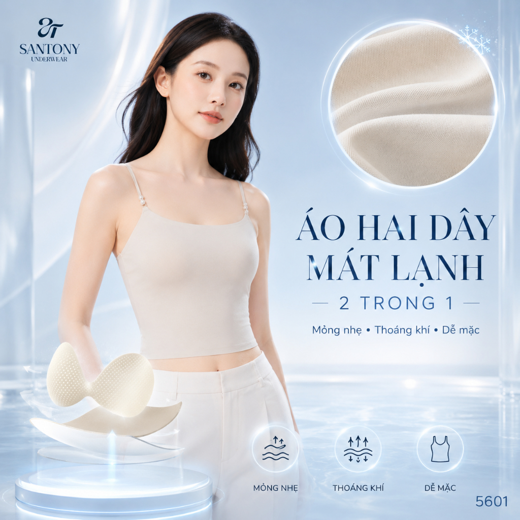 [SANTONY PIER N°5 x HƯƠNG GIANG] Áo hai dây  – Hương hoa sơn trà, mát lạnh HA, cotton siêu mỏng, kháng khuẩn - 5601