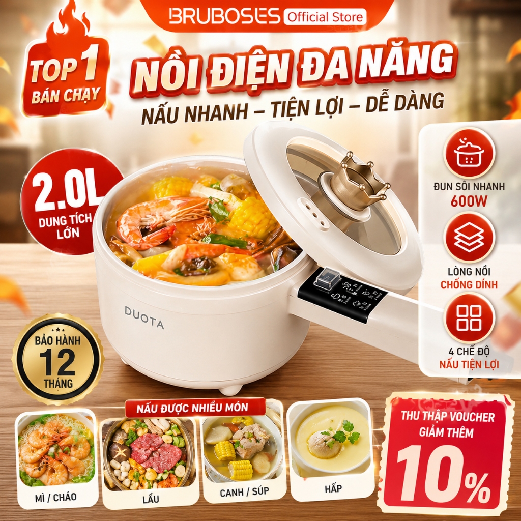 Nồi Điện Mini Đa Năng 2.0L/2.5L 600W Chống Dính Nấu Mì Lẩu Cơm Tiện Lợi Cho Sinh Viên Văn Phòng Bruboses