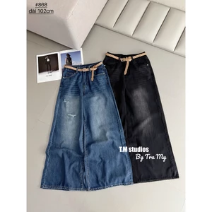 Quần Jeans Nữ Dáng Suông Rách Ống Rộng Dài 102cm Tặng Kèm Đai #868