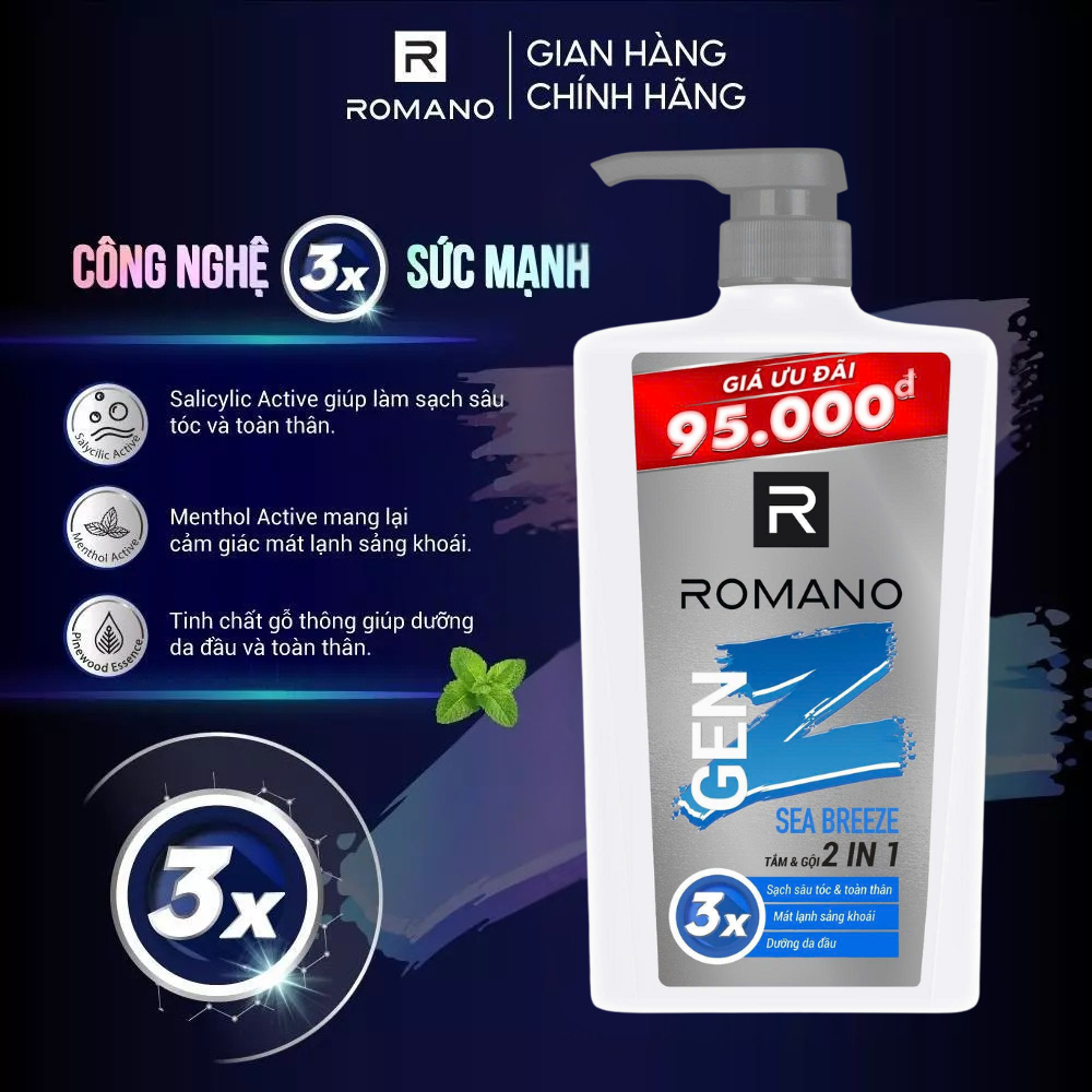 [ĐỘC QUYỀN ONLINE] Tắm gội 2in1 / Dầu gội cho nam Romano Gen Z hương Sea Breeze/ Forest Cedar (420g x 2)