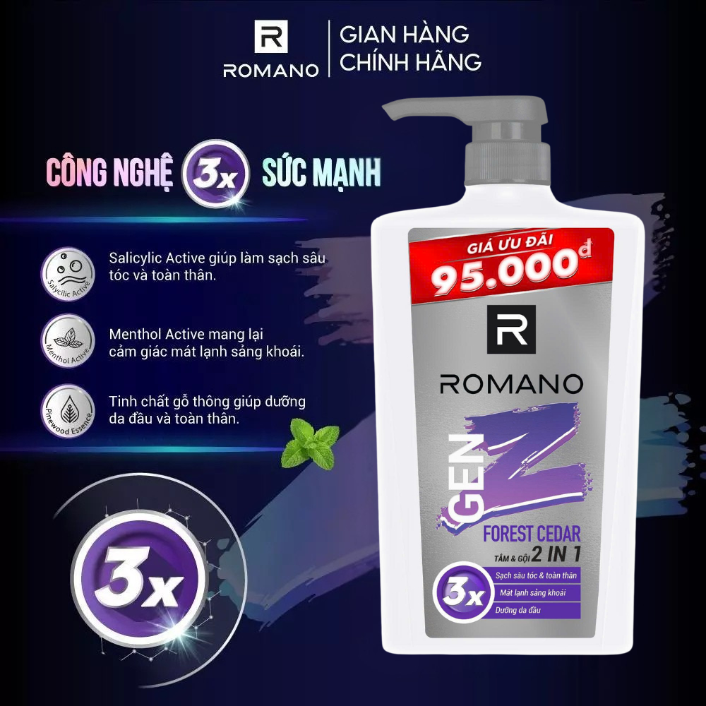 [ĐỘC QUYỀN ONLINE] Tắm gội 2in1 / Dầu gội cho nam Romano Gen Z hương Sea Breeze/ Forest Cedar (420g x 2)