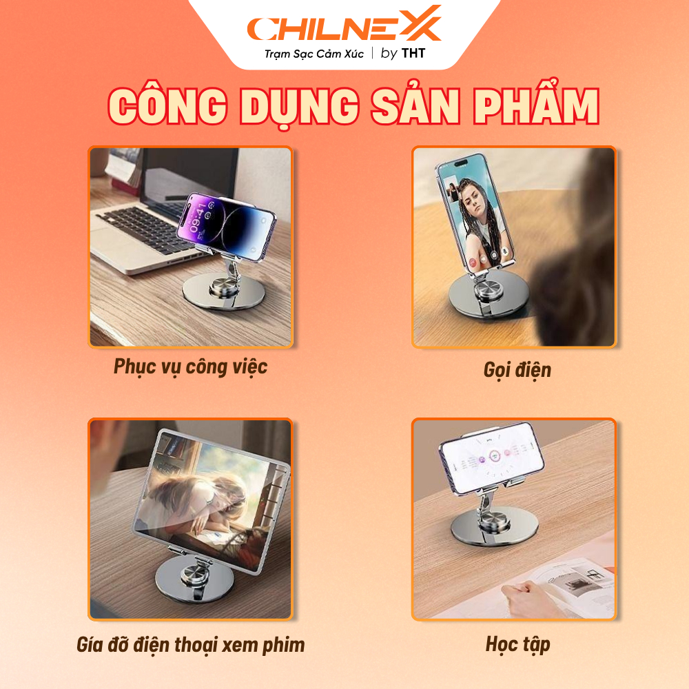 Giá Đỡ Điện Thoại Di Động CHILNEXX kim loại xoay 360 độ có thể gập lại khung hợp kim để bàn
