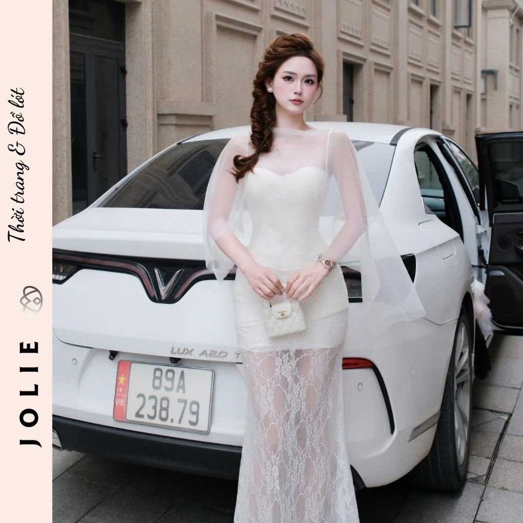 Váy Dạ Hội Đầm Ren Dáng Dài Cúp Ngực Phối Khăn Choàng Voan Cao Cấp JOLIE