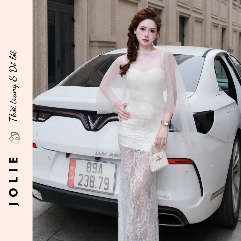 Váy Dạ Hội Đầm Ren Dáng Dài Cúp Ngực Phối Khăn Choàng Voan Cao Cấp JOLIE