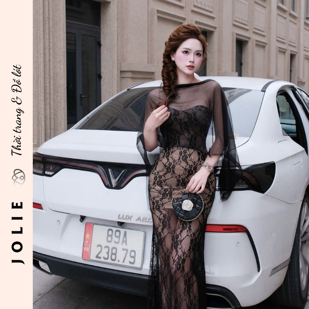 Váy Dạ Hội Đầm Ren Dáng Dài Cúp Ngực Phối Khăn Choàng Voan Cao Cấp JOLIE