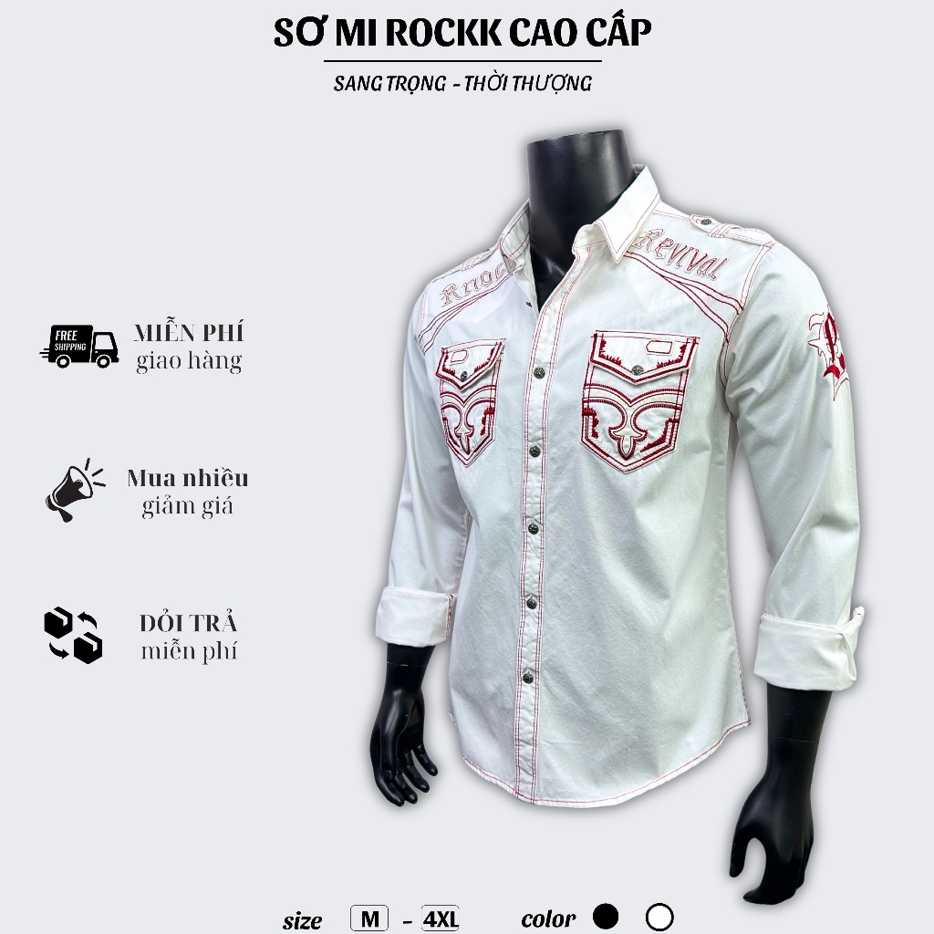 Sơ Mi Rock Classic Nam Cao Cấp Thêu Họa Tiết Chỉ Đỏ - Vải Kaki Tôn Dáng, Cúc Kim Loại Đẳng Cấp 066