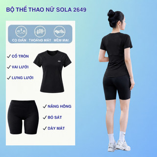 Đồ Tập Thể Thao Nữ SOLA 2649 Áo Ngắn Tay Quần Đùi Đen, Form Ôm Gọn Co Giãn Mềm Mại