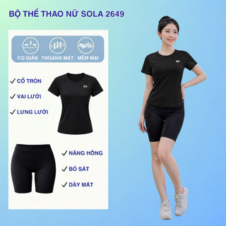 Đồ Tập Thể Thao Nữ SOLA 2649 Áo Ngắn Tay Quần Đùi Đen, Form Ôm Gọn Co Giãn Mềm Mại