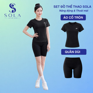 Đồ Tập Thể Thao Nữ SOLA 2649 Áo Ngắn Tay Quần Đùi Đen, Form Ôm Gọn Co Giãn Mềm Mại