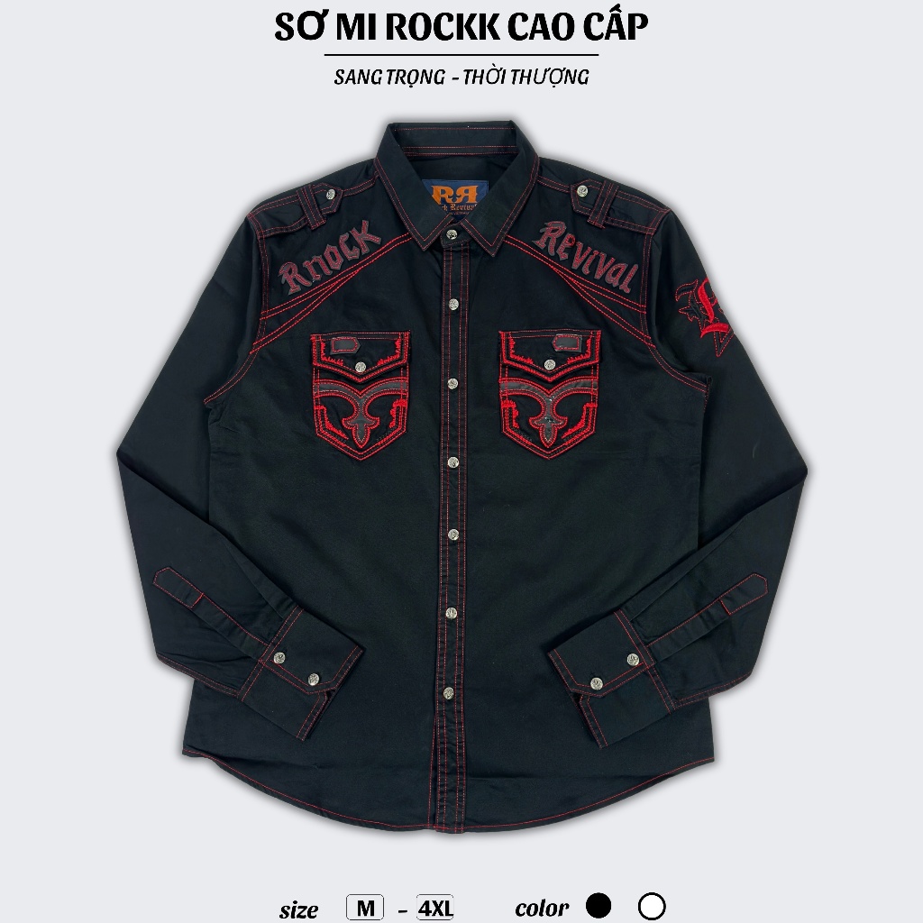 Sơ Mi Rock Classic Nam Cao Cấp Thêu Họa Tiết Chỉ Đỏ - Vải Kaki Tôn Dáng, Cúc Kim Loại Đẳng Cấp 066