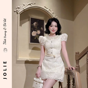 Váy Ren Dáng Chữ A Cổ Sen Đính Ngọc Phối Tay Bồng Tiểu Thư Sang Trọng JOLIE