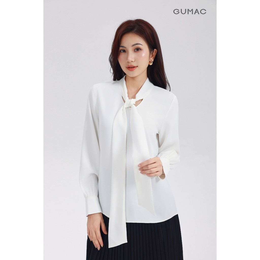 Áo Sơ Mi Nữ Chất Lụa Dáng Suông Tay Dài Kiểu Thắt Nơ Cổ Phía Sau Có Sẻ Giọt Nước Thời Trang GUMAC AF07029