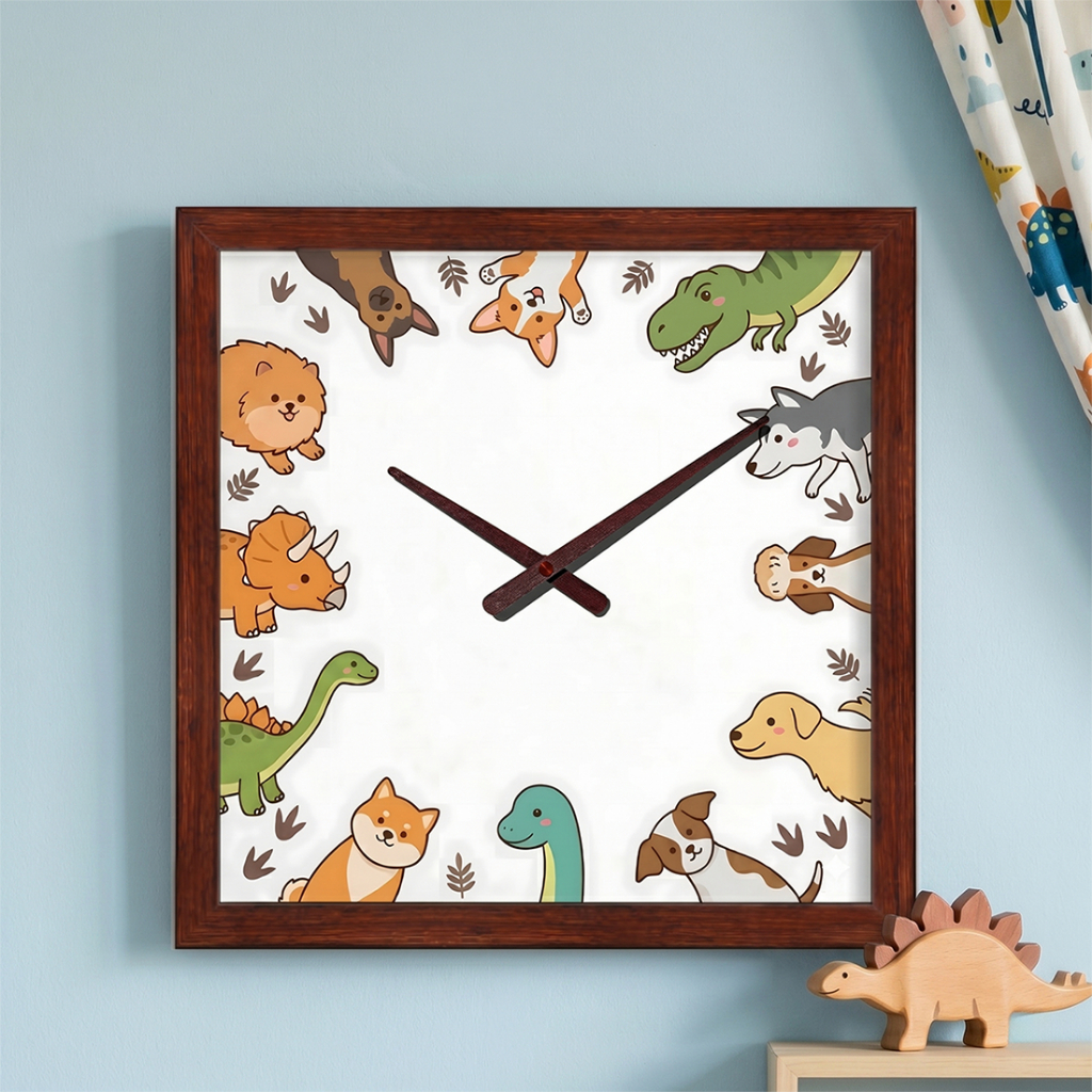 Đồng Hồ Treo Tường Khung Vân Gỗ Họa Tiết Cún Cưng & Khủng Long Chibi Dễ Thương Decor Phòng Bé, Phòng Khách Đồng Hồ 4