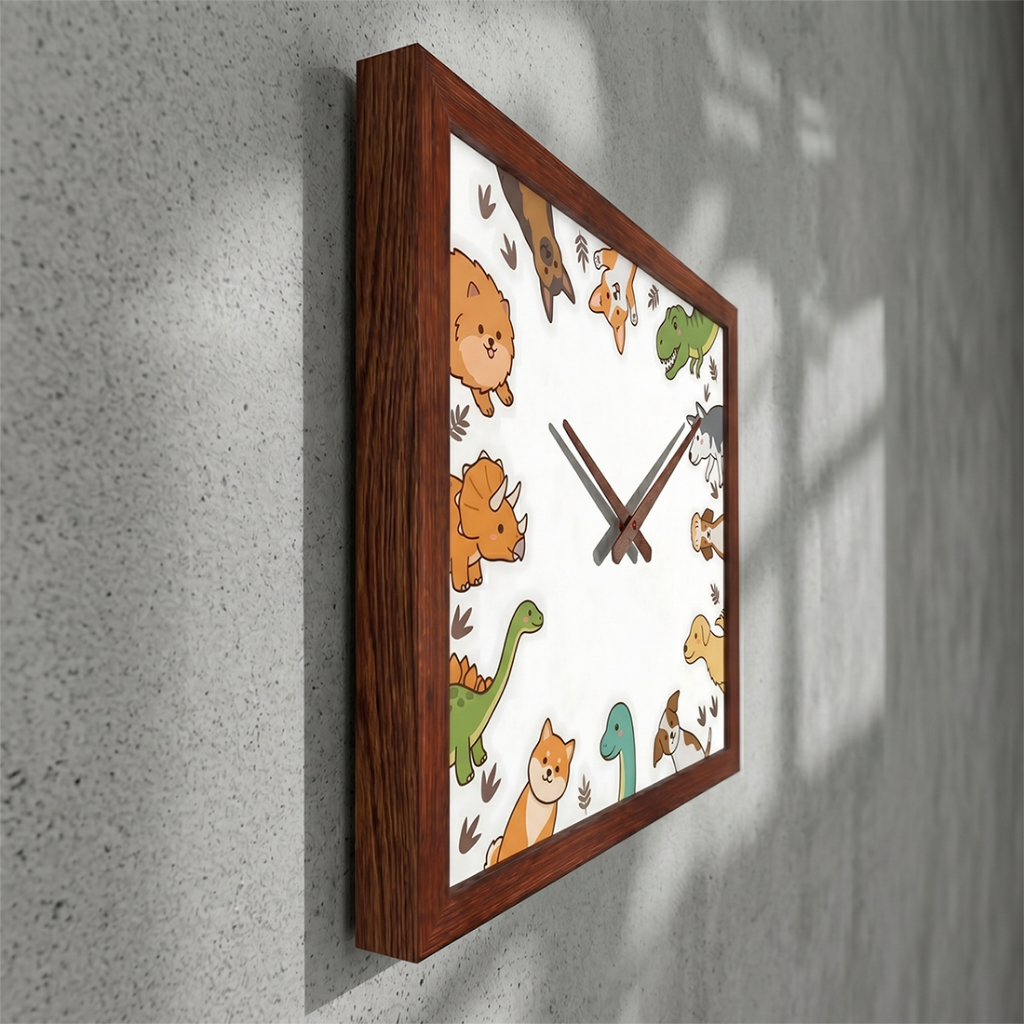 Đồng Hồ Treo Tường Khung Vân Gỗ Họa Tiết Cún Cưng & Khủng Long Chibi Dễ Thương Decor Phòng Bé, Phòng Khách Đồng Hồ 4