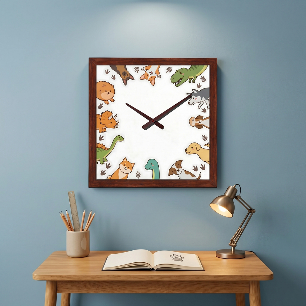 Đồng Hồ Treo Tường Khung Vân Gỗ Họa Tiết Cún Cưng & Khủng Long Chibi Dễ Thương Decor Phòng Bé, Phòng Khách Đồng Hồ 4