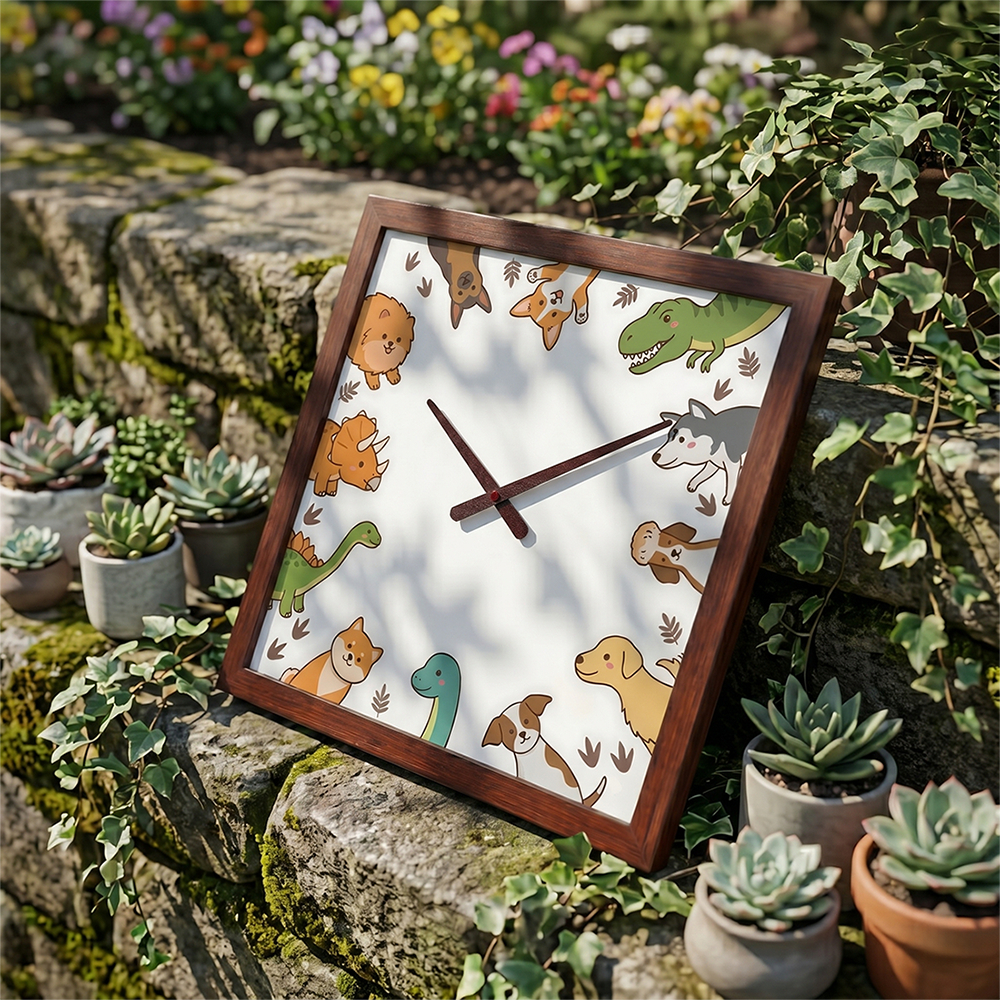 Đồng Hồ Treo Tường Khung Vân Gỗ Họa Tiết Cún Cưng & Khủng Long Chibi Dễ Thương Decor Phòng Bé, Phòng Khách Đồng Hồ 4