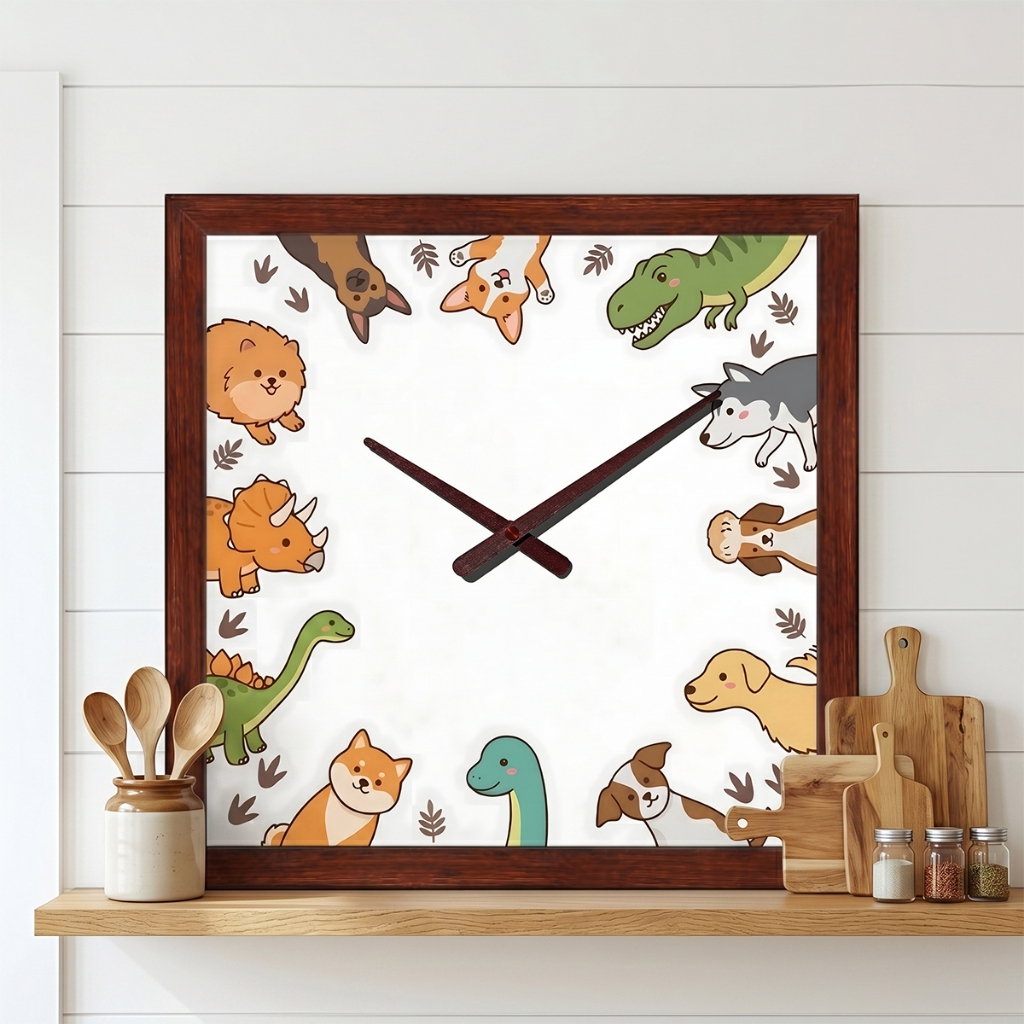 Đồng Hồ Treo Tường Khung Vân Gỗ Họa Tiết Cún Cưng & Khủng Long Chibi Dễ Thương Decor Phòng Bé, Phòng Khách Đồng Hồ 4