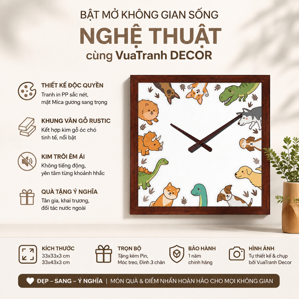 Đồng Hồ Treo Tường Khung Vân Gỗ Họa Tiết Cún Cưng & Khủng Long Chibi Dễ Thương Decor Phòng Bé, Phòng Khách Đồng Hồ 4