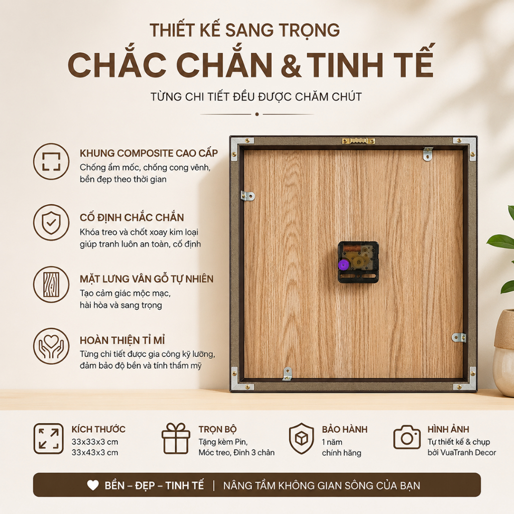 Tranh Đồng Hồ Nghệ Thuật Hiện Đại - Đồng Hồ Treo Tường Vân Gỗ Tự Nhiên Họa Tiết Ô Vuông Trừu Tượng, Decor Phòng Khách 6