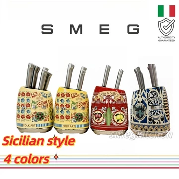 Bộ dao 7 món SMEG, bao gồm dao chặt thịt dao gọt trái cây dao chặt rau củ, bộ dao nhà bếp và giá đựng dao gia đình