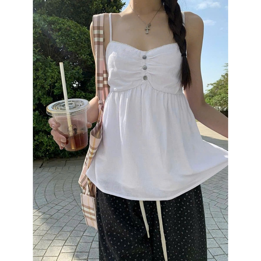 (sẵn set S)Set áo hai dây trắng trơn khuy ngực dáng baby doll nữ tính và áo khoác mỏng màu ghi SET016 - Tiktik
