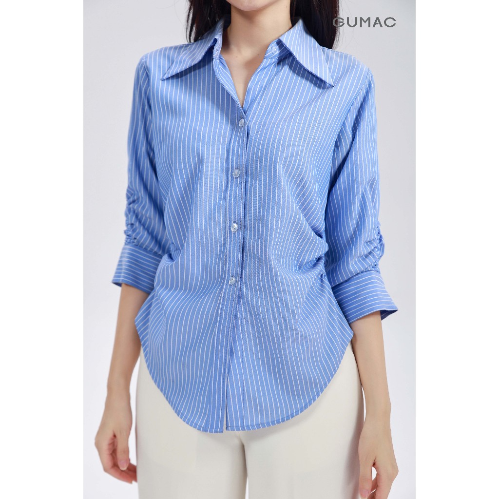 Áo Sơ Mi Nữ GUMAC Tay Lửng Có Nhún Chiết Ly Eo Vải Kate Xanh Sọc Đứng Form Thanh Lịch AF01024