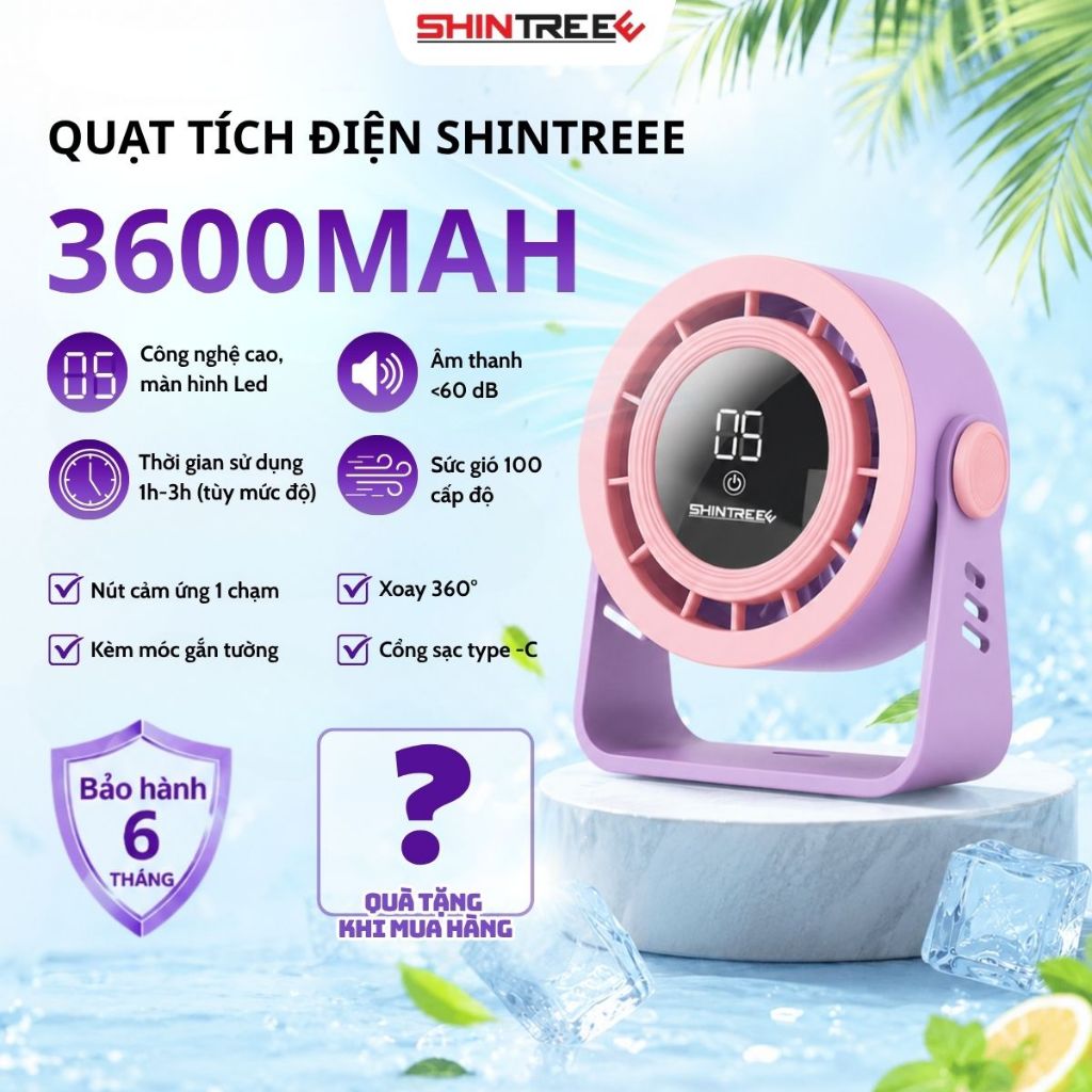 [TẶNG QUÀ] Quạt Để Bàn Mini SHINTREEE 3600mAh Điều Chỉnh 5 Tốc Độ Cảm Ứng Số Thông Minh