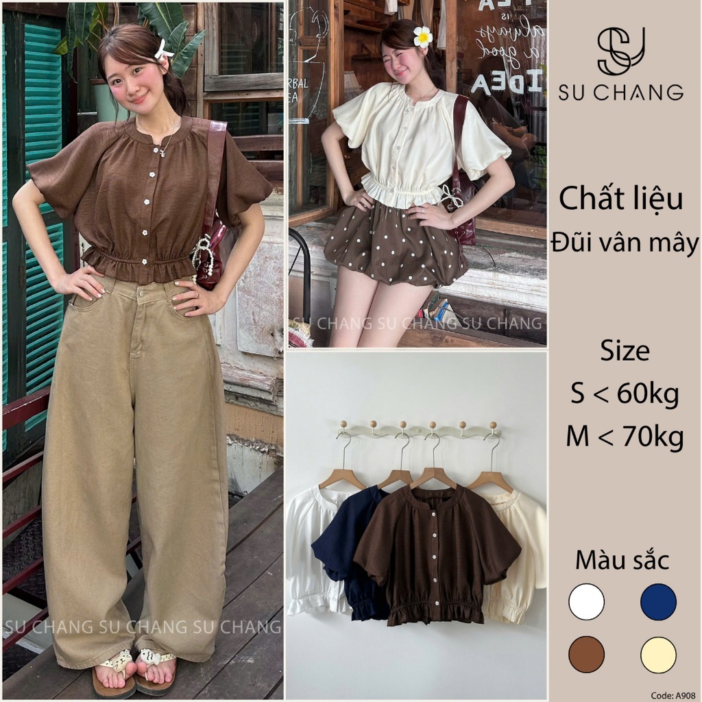 Áo Sơ Mi Cộc Tay Dáng Croptop Tay Bồng Chun Dưới A908 Su Chang Thời Trang Nữ