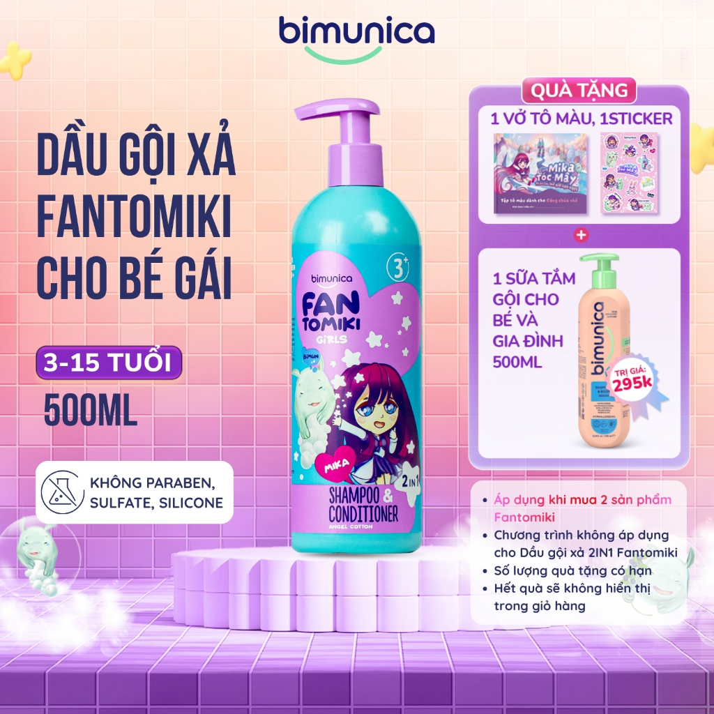 Dầu Gội Xả 2In1 Bimunica Fantomiki Cho Bé Gái Từ 3 Tuổi 500ml - Không Cay Mắt, Làm Sạch/Mềm Mượt