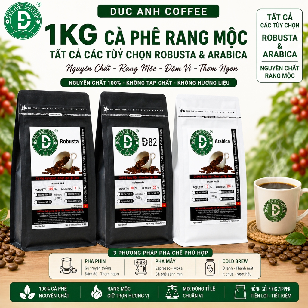 1kg cà phê rang mộc đầy đủ các tùy chọn Robusta và Arabica – Nguyên chất dùng pha phin, cafe hạt pha máy, Duc Anh Coffee