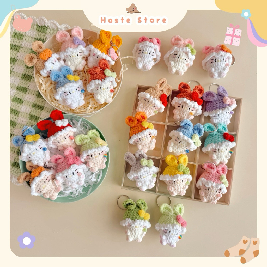 Móc Khoá Len Nhung Hello Kitty Lolipop Kẹo Mút Đội Mũ Bèo Dễ Thương Handmade