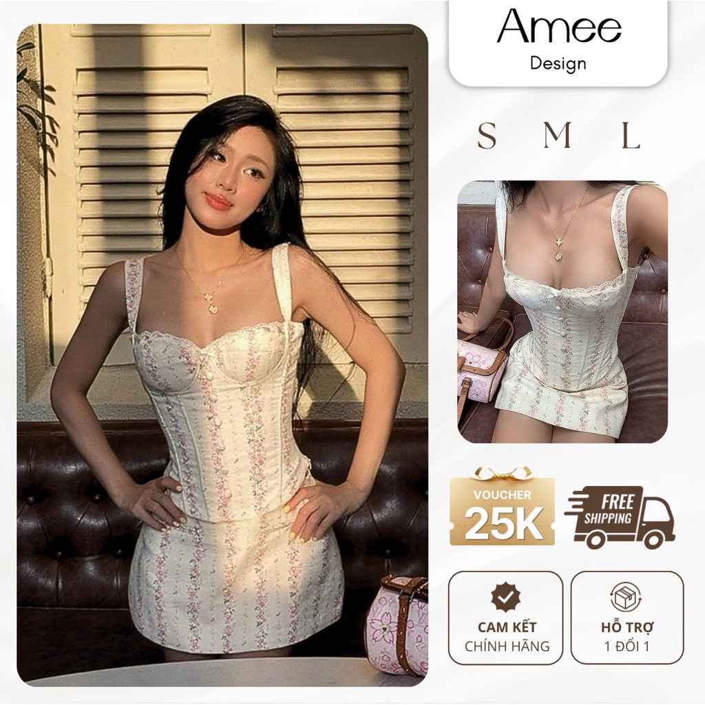 [SẴN-HOẢ TỐC] Set Áo Váy Corset Hoa Nhí Có Gọng Cố Định Chuẩn Form Hack Dáng