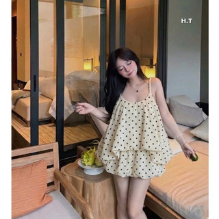Set Bộ Đồ Nữ Chấm Bi Áo 2 Dây Tết Bí Phồng 2 Lớp Kèm Chân Váy Ngắn Dáng Bí