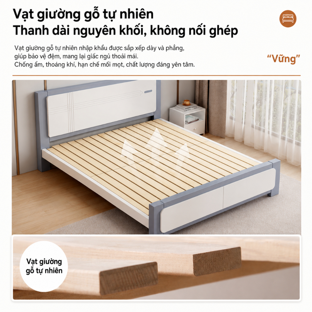 Giường ngủ gỗ hiện đại CONOCO màu xám xanh giường đôi chắc chắn cho phòng ngủ phòng trọ