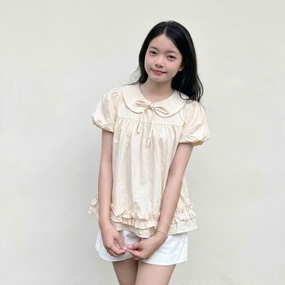 Áo sơ mi bí cổ sen tay bồng có thắt nơ phối gấu bèo, dễ phối đồ đi học, đi chơi Yến Tee #1031