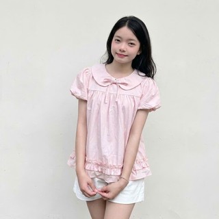 Áo sơ mi bí cổ sen tay bồng có thắt nơ phối gấu bèo, dễ phối đồ đi học, đi chơi Yến Tee #1031